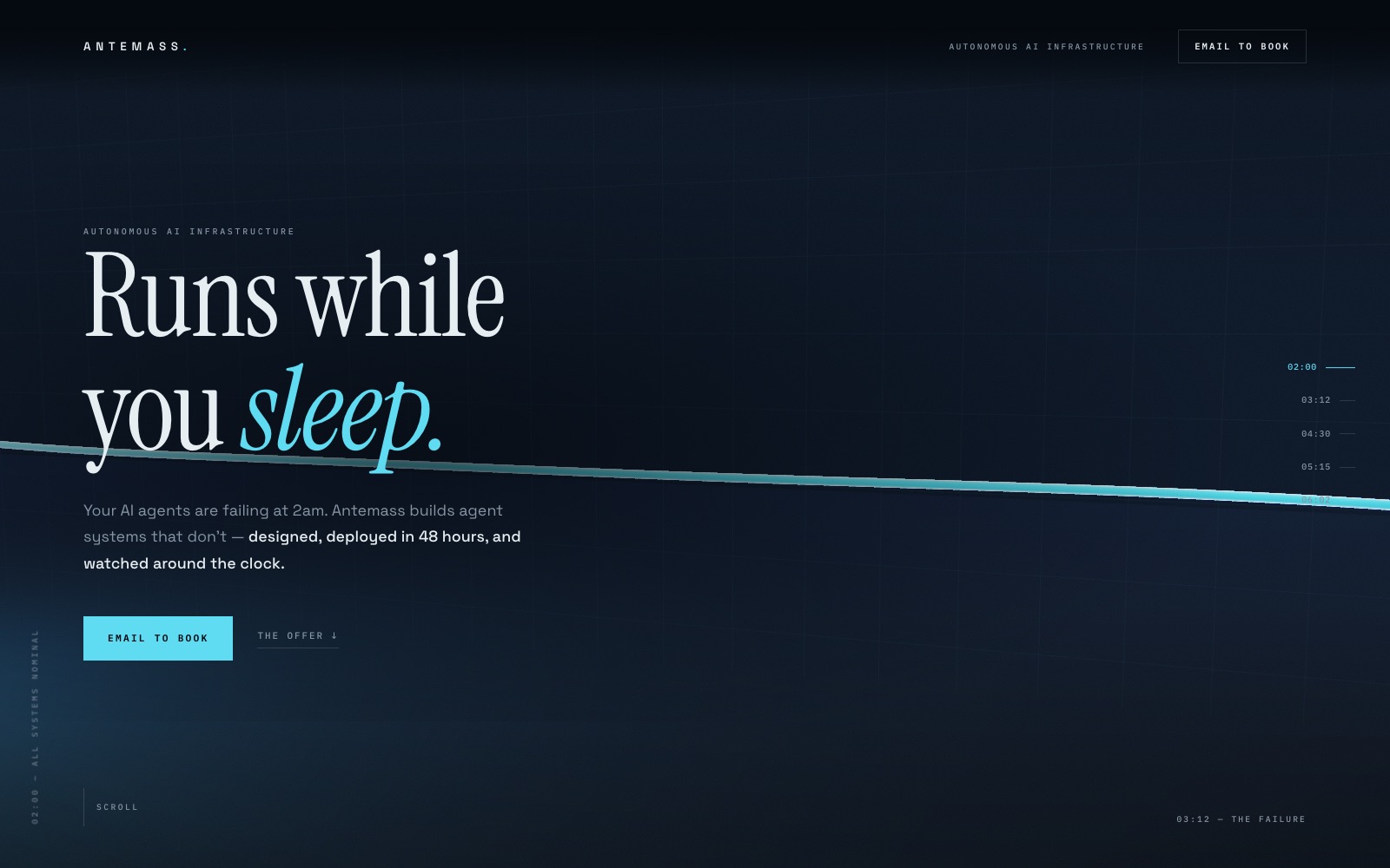 The Signal — a dark WebGL telemetry world with the headline Runs while you sleep.